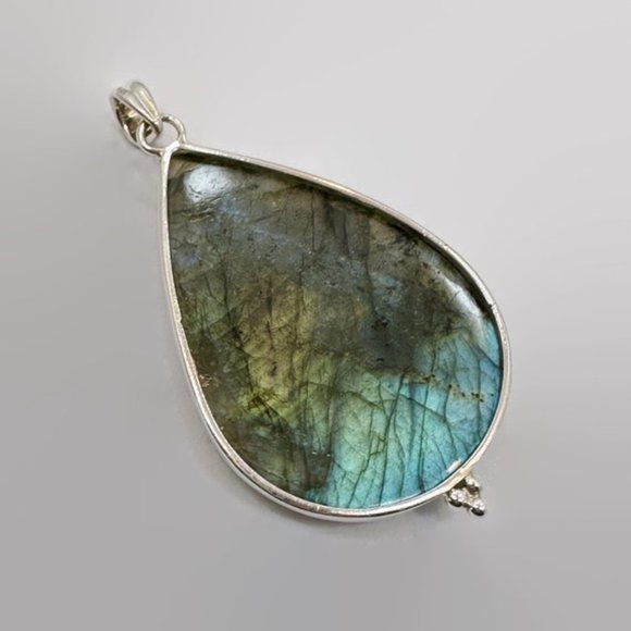 Labradorite Pendant, Sterling Silver, Large Stone, Handcrafted, 3" Long, Blue - Picture 5 of 6
